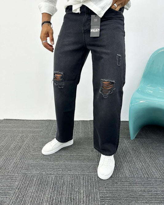 Baggy Yırtık Detaylı Jean Siyah Pantolon